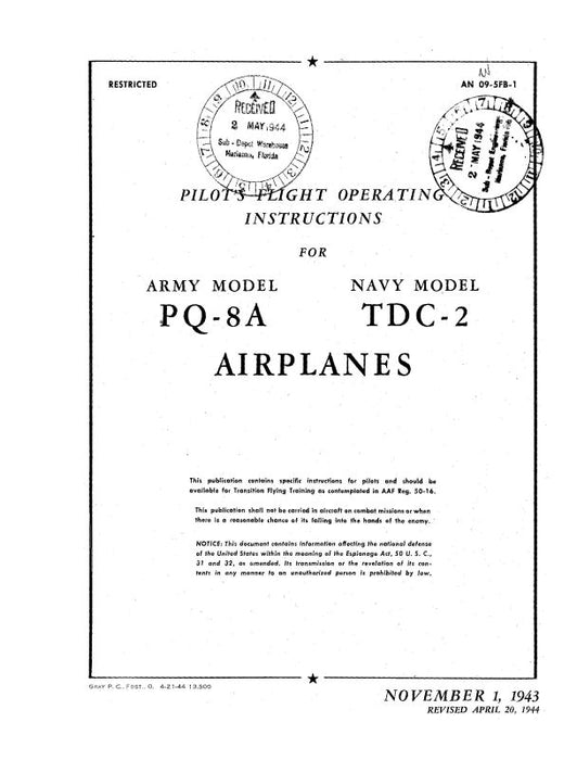 Culver Aircraft Corporation PQ-8A Army & TDC-2 Navy 1943 Pilot's Flight Operating Instructions (09-5FB-1)