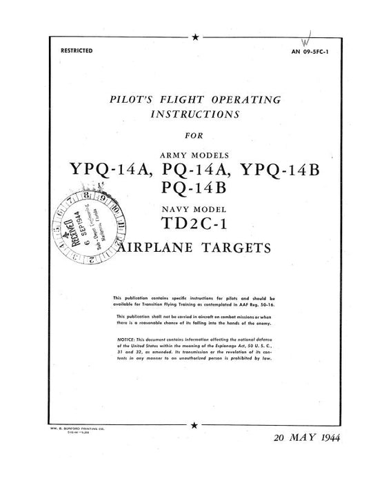 Culver Aircraft Corporation YPQ-14A,B & PQ-14A,B Army Pilot's Flight Operating Instructions (09-5FC-1)