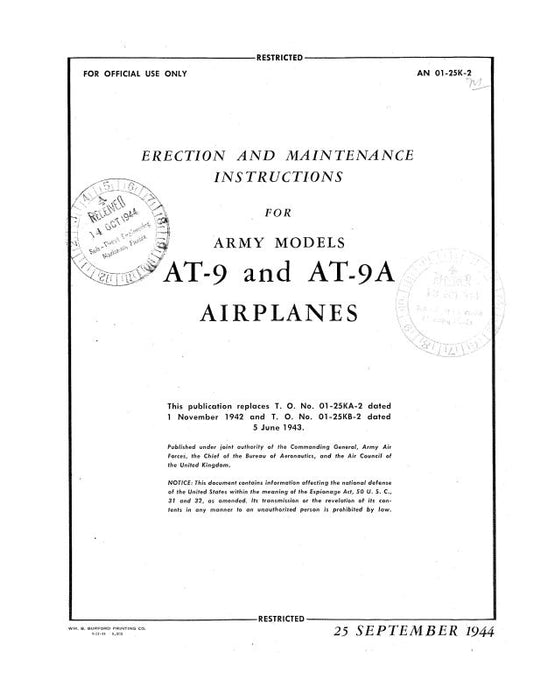 Curtiss-Wright AT-9 & AT-9A 1944 Erection & Maintenance Instructions (01-25K-2)