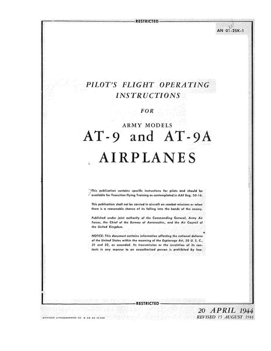 Curtiss-Wright AT-9 & AT-9A 1944 Pilot's Flight Operating Instructions (01-25K-1)