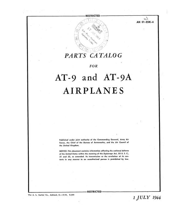 Curtiss-Wright AT-9 & AT-9A 1944 Parts Catalog (01-25K-4)