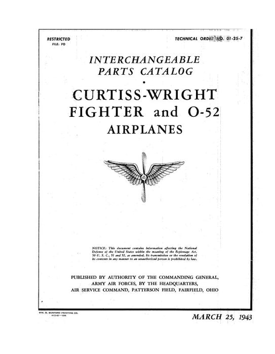 Curtiss-Wright Fighter & O-52 Airplanes 1943 Interchangeable Parts Catalog (1/25/2007)