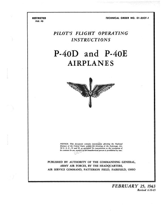 Curtiss-Wright P-40D & P-40E 1943 Pilot's Flight Operating Instructions (01-25CF-1)