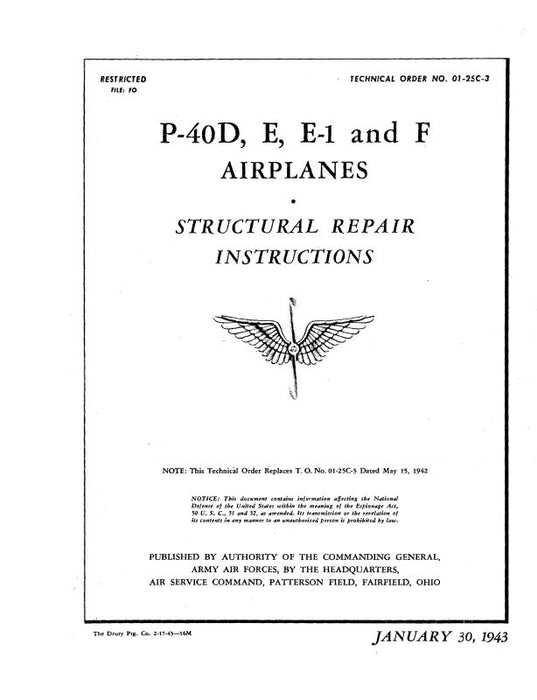 Curtiss-Wright P-40D, E, E-1 & F 1943 Structural Repair Instructions (01-25C-3)