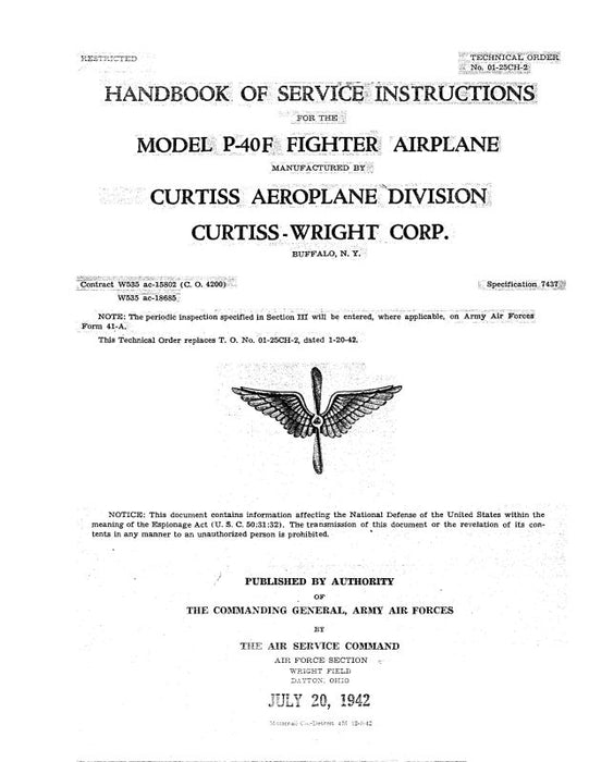 Curtiss-Wright P-40F 1942 Maintenance Instructions (01-25CH-2-M)