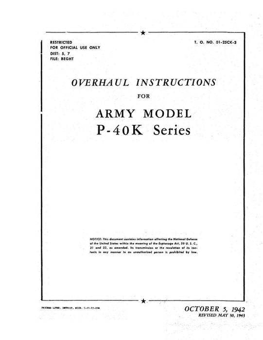 Curtiss-Wright P-40K 1942 Overhaul Instructions (01-25CK-3)