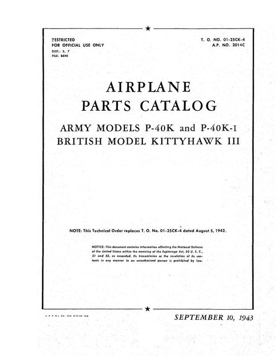 Curtiss-Wright P-40K & P-40K-1 Army 1943 Parts Catalog (01-25CK-4)
