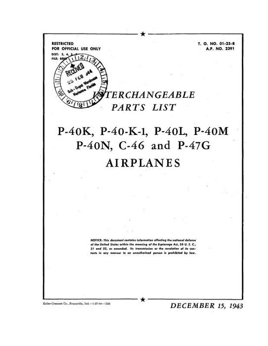 Curtiss-Wright P-40K,-1,P-40L,M,N,C-46,P47G Interchangeable Parts List (1/25/2008)