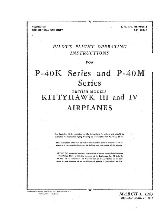 Curtiss-Wright P-40K & P-40M 1943 Pilot's Flight Operating Instructions (01-25CK-1)