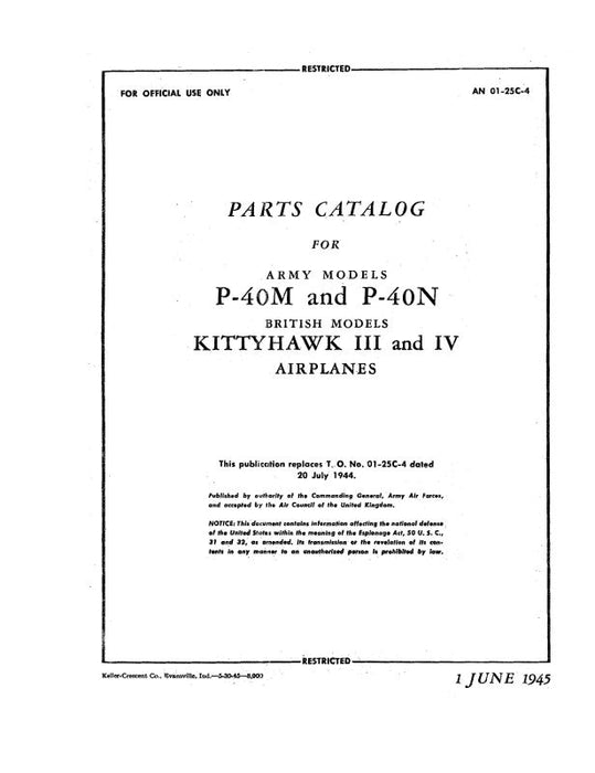 Curtiss-Wright P-40M, P-40N 1945 Parts Catalog (01-25C-4)