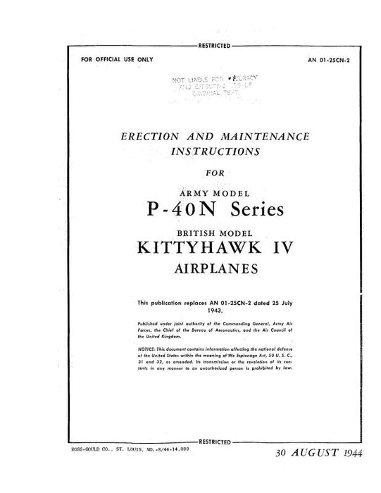 Curtiss-Wright P-40N Army 1944 Erection & Maintenance Instructions (01-25CN-2)