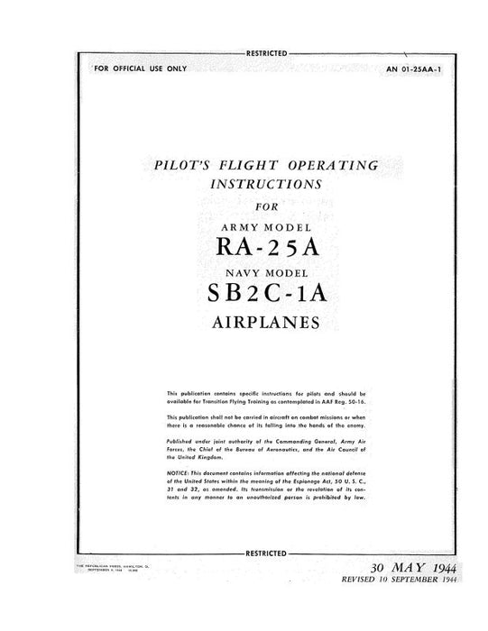 Curtiss-Wright RA-25A Army 1944 Pilot's Flight Operating Instructions (01-25AA-1)