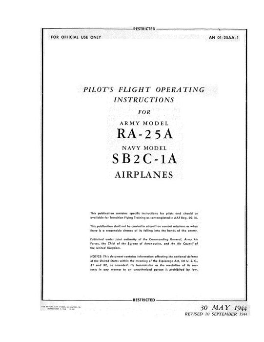 Curtiss-Wright RA-25A Army 1944 Pilot's Flight Operating Instructions (01-25AA-1)
