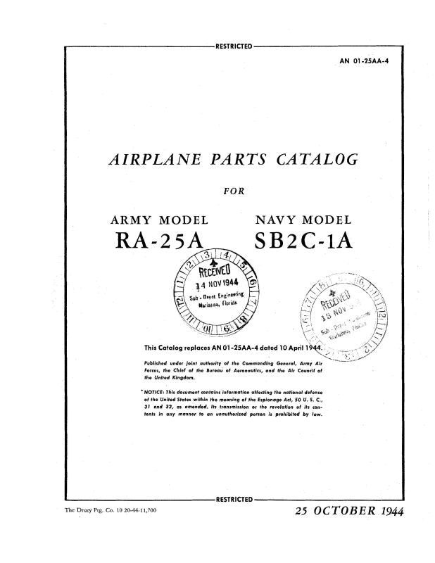 CurtissWright RA25A Army 1944 Airplane Parts Catalog (0125AA4