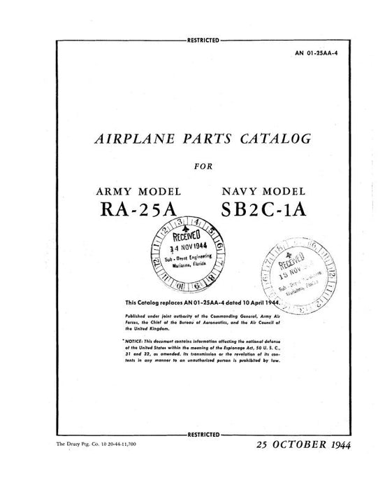 Curtiss-Wright RA-25A Army 1944 Airplane Parts Catalog (01-25AA-4)