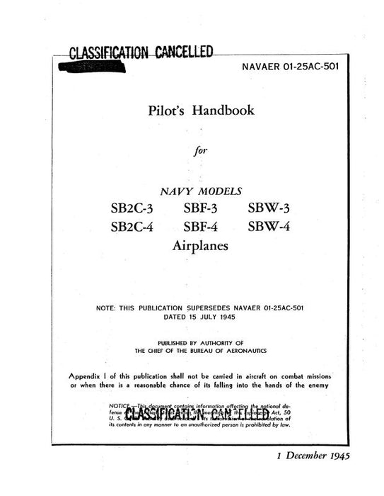 Curtiss-Wright SB2C-3,4, SBF-3,4, SBW-3,4 Pilot's Handbook (01-25AC-501)