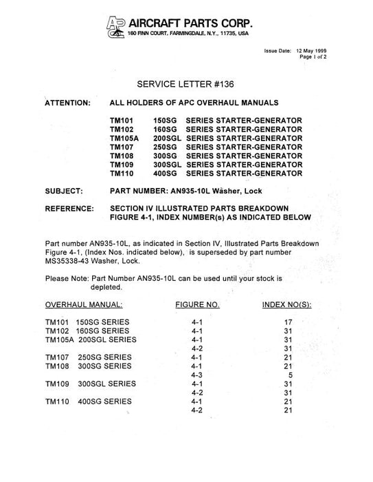 Aircraft Parts Corp. Starter-Generator 1979 Overhaul & Parts with Service Letters, Bulletins TM101 (A2150SG111Q-OH)