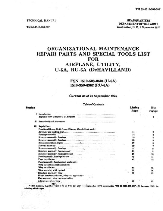 DeHavilland U-6A, RU-6A Army Model 1970 Organizational Maintenance Repair Parts, Tools List (55-1510-203-20P)