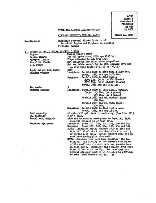 Fairchild 24C8C & 24C8CS 1949 Aircraft Specification (SPEC.-NO.-A-535)