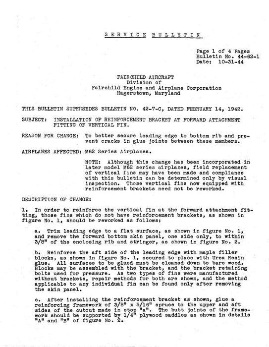 Fairchild PT-19,A,B,PT-23,-26 1943 Service Letters, Bulletins (47-62-1)