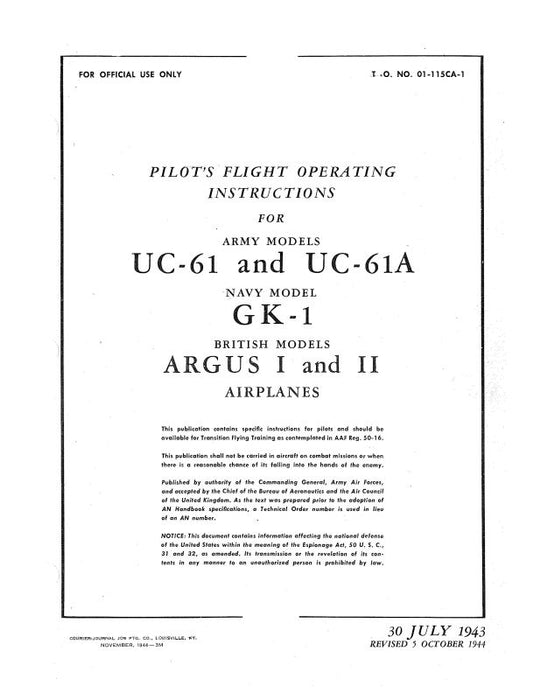 Fairchild UC-61,61A Army 1943 Pilot's Flight Operating Instructions (01-115CA-1)