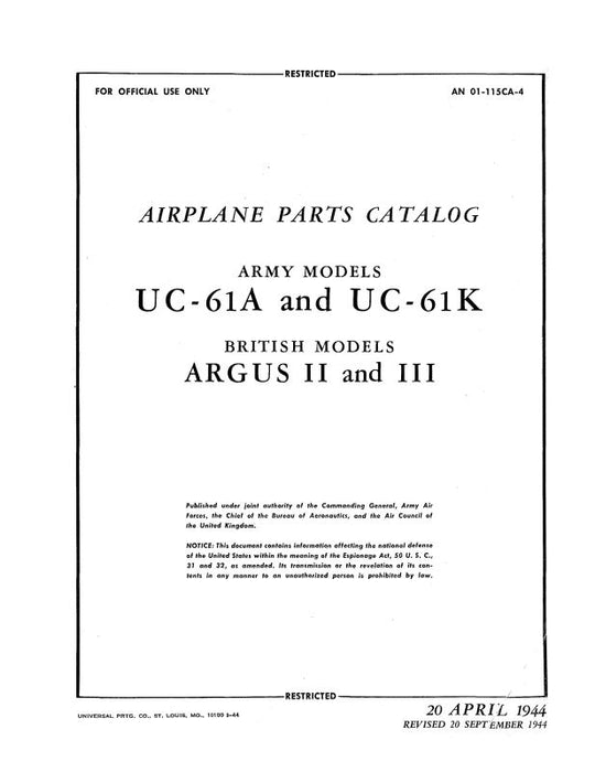 Fairchild UC-61A & UC-61K Army Model 1944 Parts Catalog (01-115CA-4)