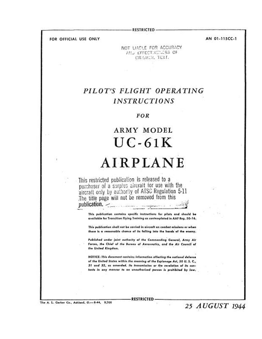 Fairchild UC-61K Army Model 1944 Flight Operating Instructions (01-115CC-1)