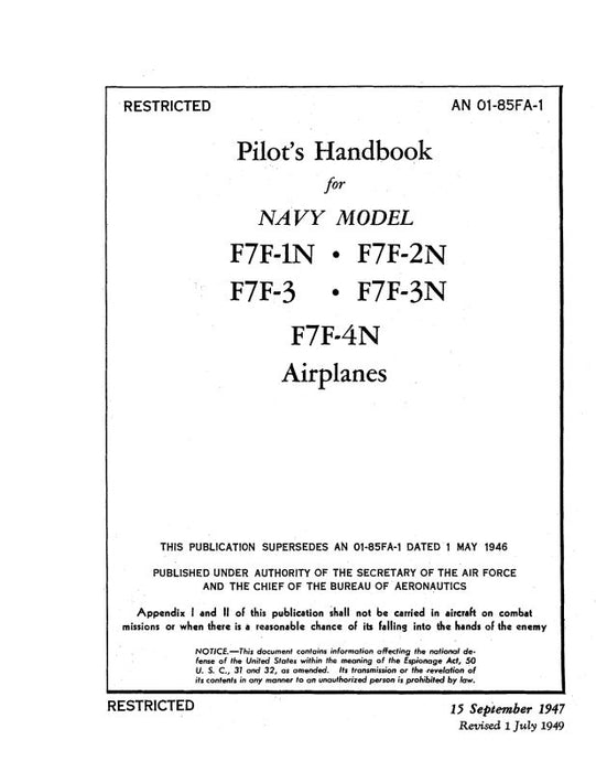 Grumman F7F-1N,2N,3,3N,4N 1947 Pilot's Handbook (01-85FA-1)