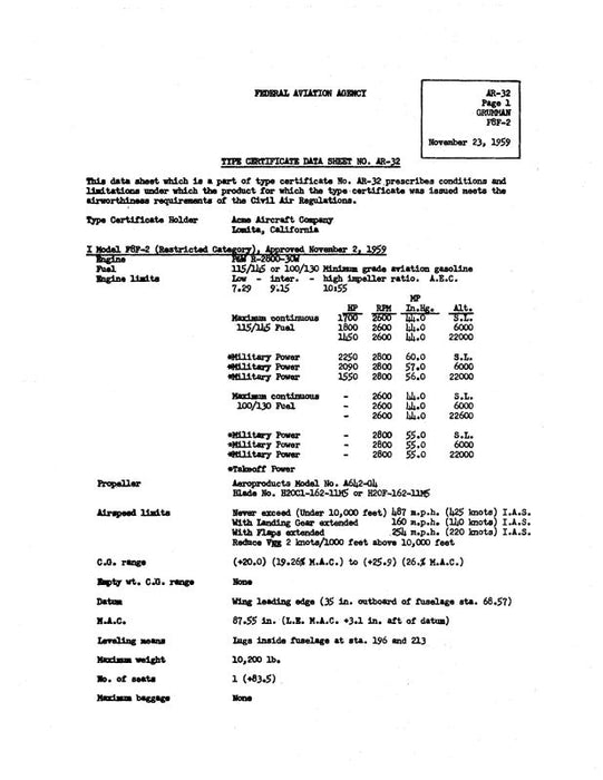 Grumman F8F-2 Bearcat 1959 Aircraft Specification (GRF8F2-59-SPECC)