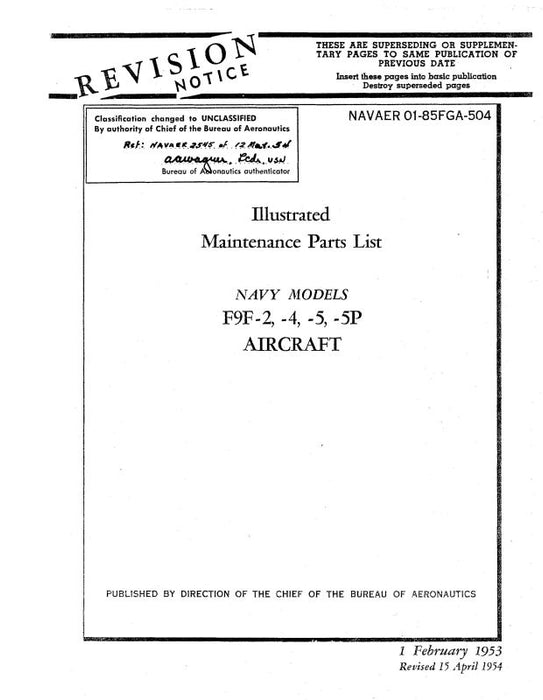 Grumman F9F-2,4,5,5P  1954 Illustrated Parts (01-85FGA-504)