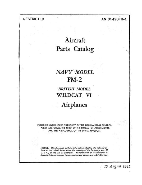 Grumman FM-2 British Wildcat VI 1945 Parts Catalog (01-190FB-4)