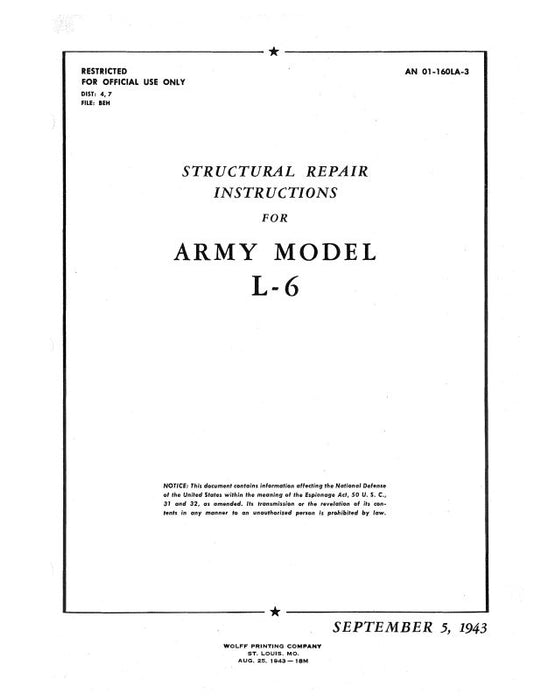 Interstate L-6 Airplane 1943 Structural Repair Instructions (01-160LA-3)