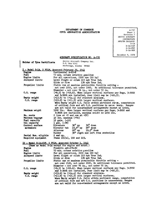 Interstate S-1A,S-1A-65F,85F,90F 1970 Aircraft Specification (SPEC.-NO.-A-737)