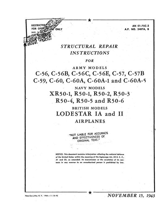 Lockheed  Lodestar IA & II 1943 Structural Repair Instructions (LHC56-43-SR-C)