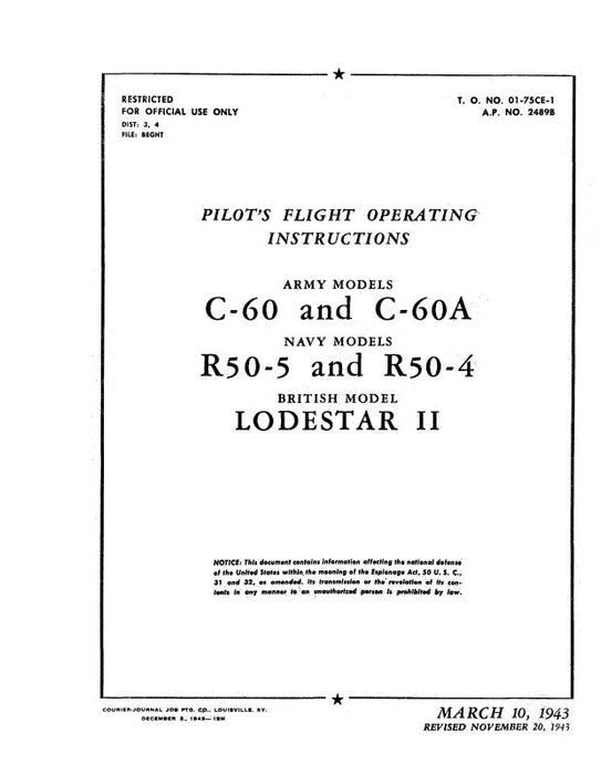 Lockheed C-60, C-60A Lodestar Flight Instructions (01-75CE-1)