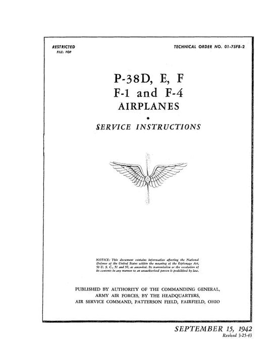 Lockheed P-38D,E,F  F-1 & F-4 1942 Maintenance Instructions (01-75FB-2)