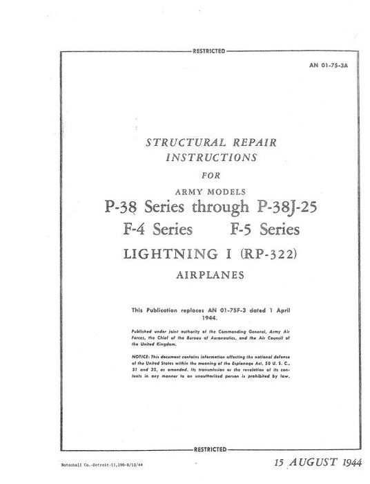 Lockheed P-38 SER thru P-38J-25 1944 Structural Repair Instructions (01-75-3A)