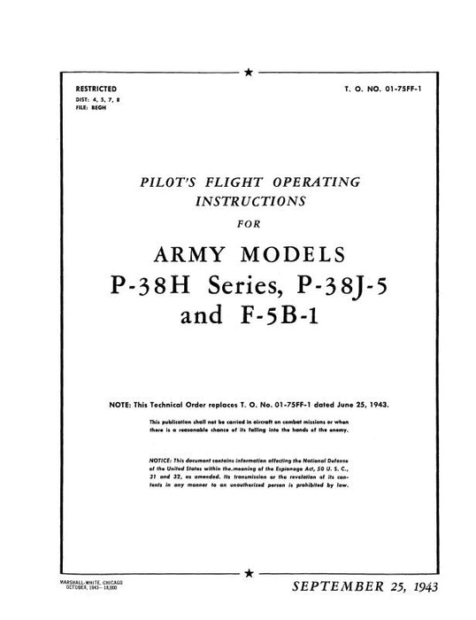 Lockheed P-38H, P-38J-5, F-5B-1 1943 Pilot's Flight Operating Instructions (01-75FF-1)
