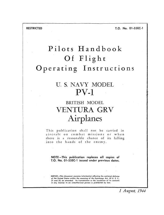 Lockheed PV-1 Navy Model 1944 Pilot's Handbook of Flight Operating Instructions (01-55EC-1)