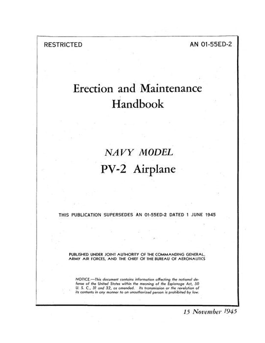 Lockheed PV-2 Navy Airplane 1945 Erection & Maintenance Handbook (01-55ED-2)