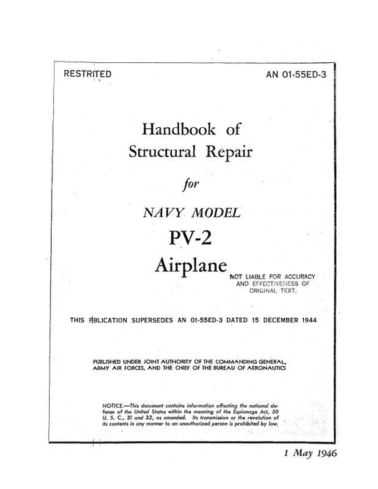 Lockheed PV-2 Navy Airplane 1946 Structural Repair Handbook (01-55ED-3)