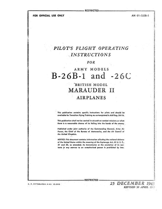 Martin B-26B-1,C, Marauder II 1943 Pilot's Flight Operating Instructions (01-35EB-1)