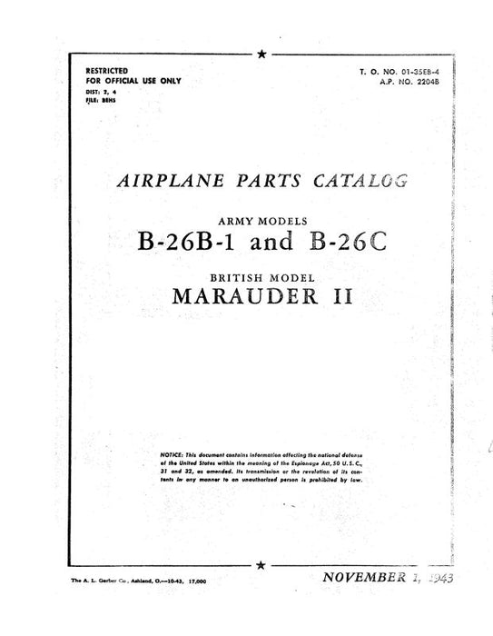Martin B-26B-1,C  MarauderII 1943 Parts Catalog (01-35EB-4)