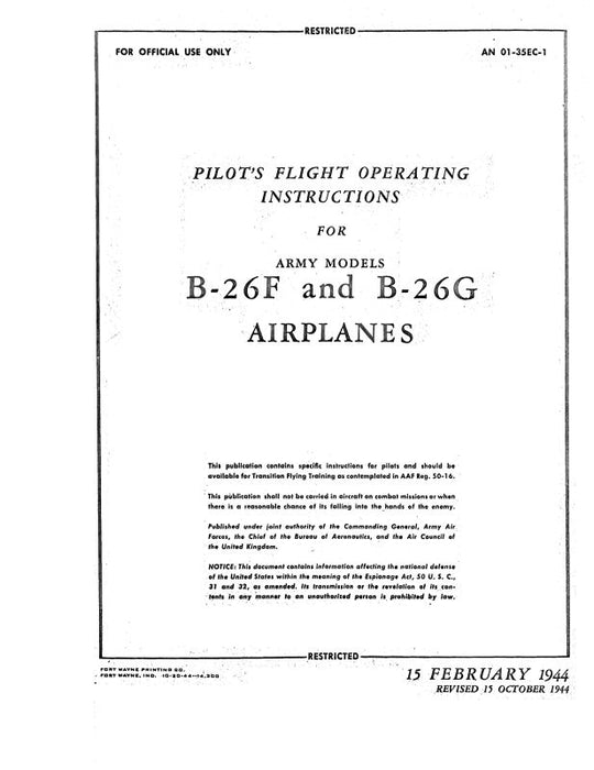 Martin B-26F & B-26G 1944 Pilot's Flight Operating Instructions (01-35EC-1)