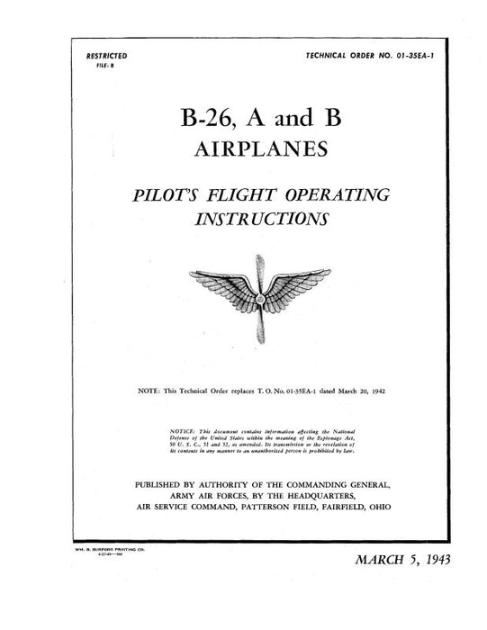 Martin B-26, 26A, B-26B 1943 Pilot's Flight Operating Instructions (01-35EA-1)
