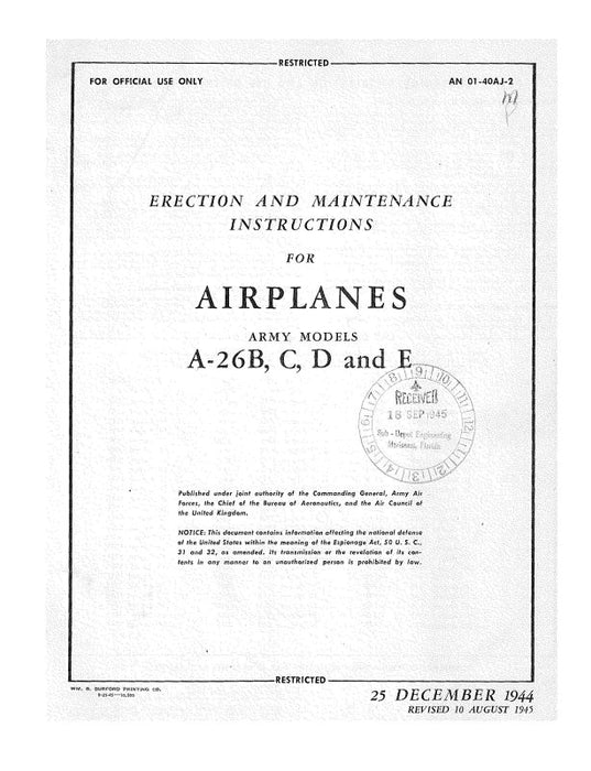 McDonnell Douglas A-26B,C,D & E 1944 Erection & Maintenance Instructions (01-40AJ-2)