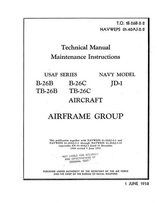 McDonnell Douglas B-26B,C, TB-26B,C & JD-1 Navy Maintenance Instructions (1B-26B-2-2)
