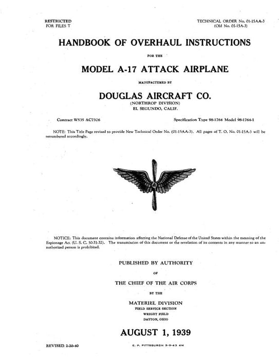 McDonnell Douglas A-17 & A17A  Attack Airplane 1939 Overhaul Instructions (01-15AA-3/01-15AB-3)