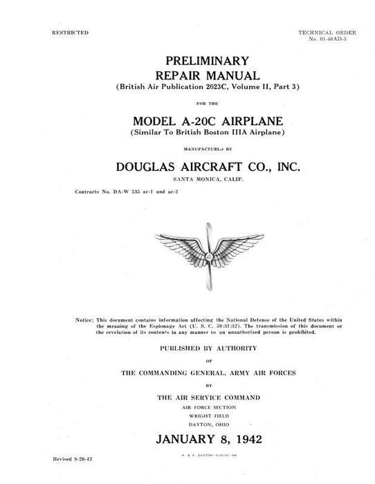 McDonnell Douglas A-20C 1942 Preliminary Repair Manual (01-40AD-3)