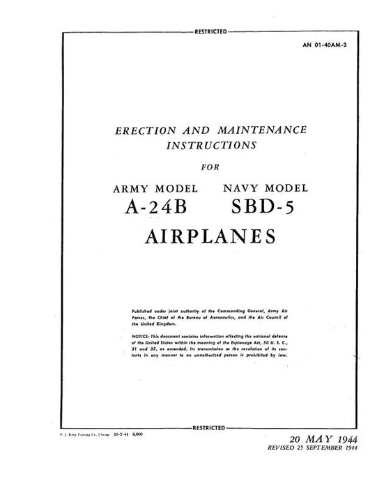 McDonnell Douglas A-24B Army, SBD-5 Navy 1944 Erection & Maintenance Instructions (01-40AM-2)